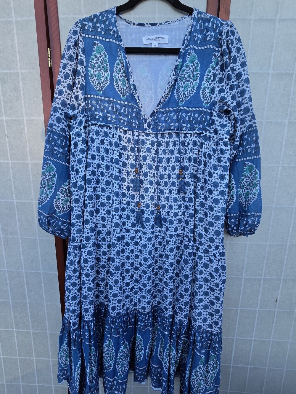 Emerson Fry India Collection Blue Floral Block Print Midi Dress Boho Cottagecore